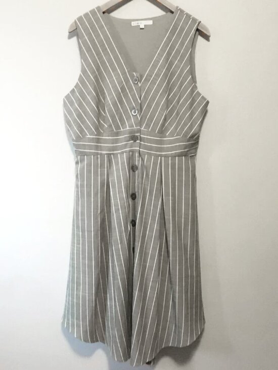 cleo Dresses & Skirts - VTG Y2K Cleo Striped Linen Look Midi Button Down Dress 14 Academia Babydoll